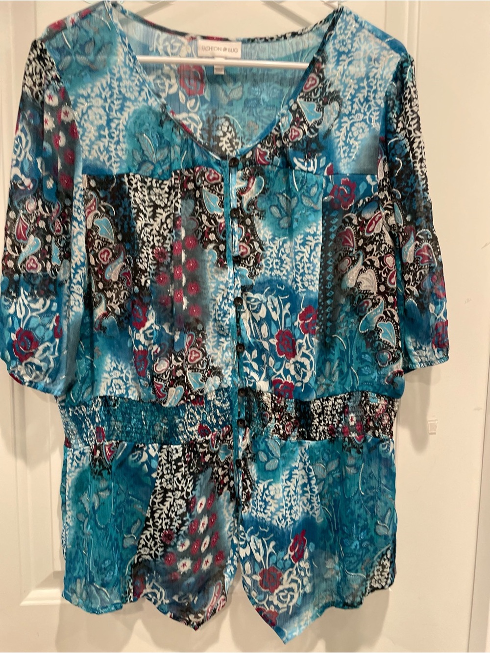 Fashion Bug Turquoise Patchwork Floral Peasant Top